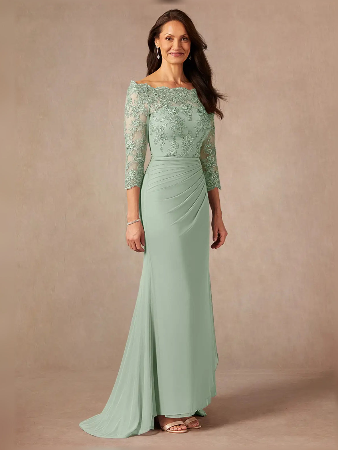 Dusty sage off-shoulder ruched maxi dress with lace 3/4 sleeves and flowing hem