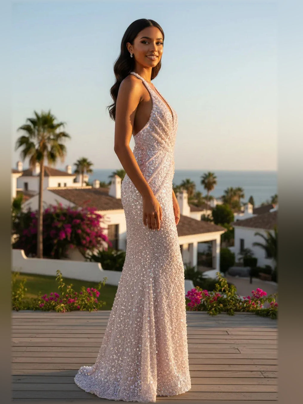 Blush sequin halter neck formal dress, draped fitted skirt, floor-length
