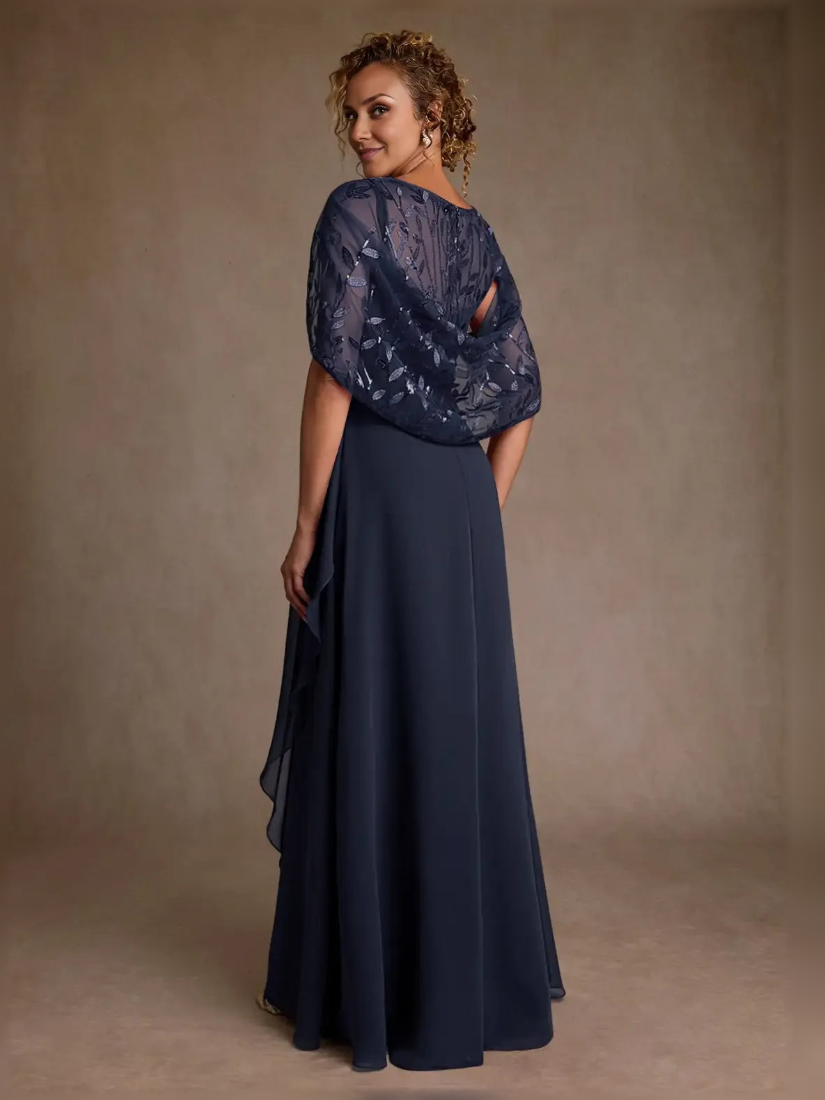 Navy embroidered cap-sleeve A-line maxi chiffon dress with draped waist and flowing skirt