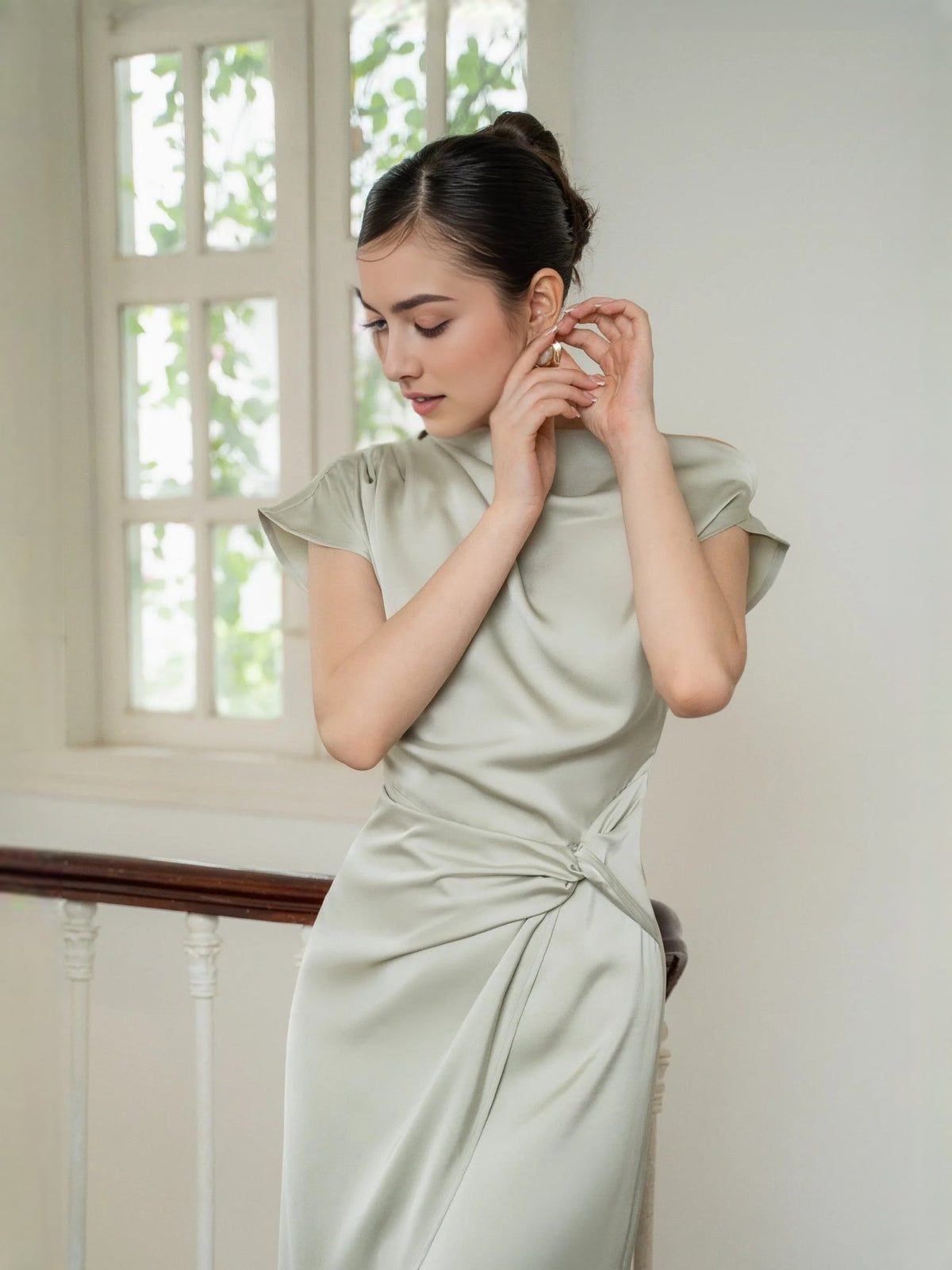Sage green off-shoulder satin prom dress with draped waist and front slit