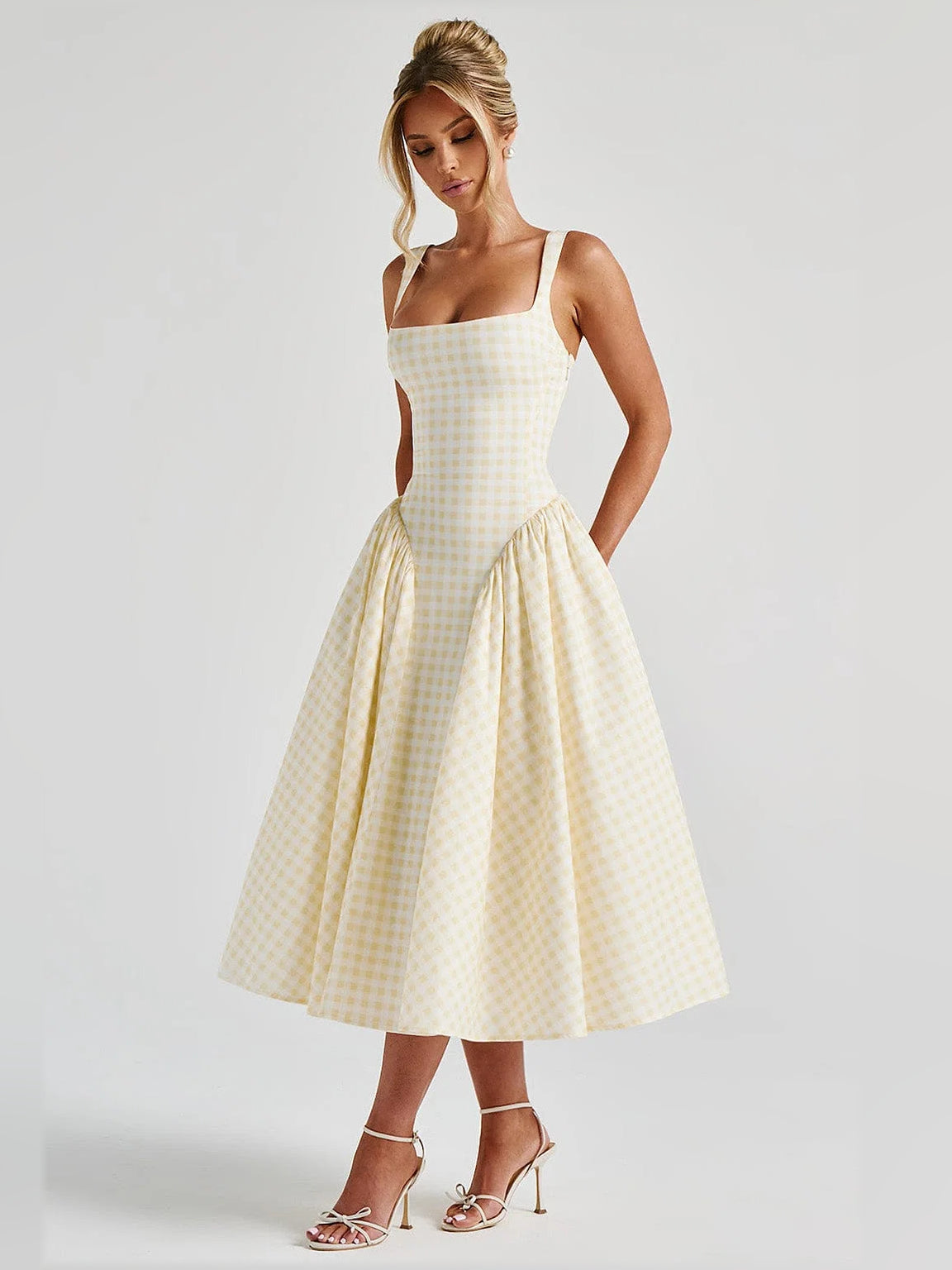 Lemon gingham midi formal dress with square neckline, thin straps, and full flared skirt