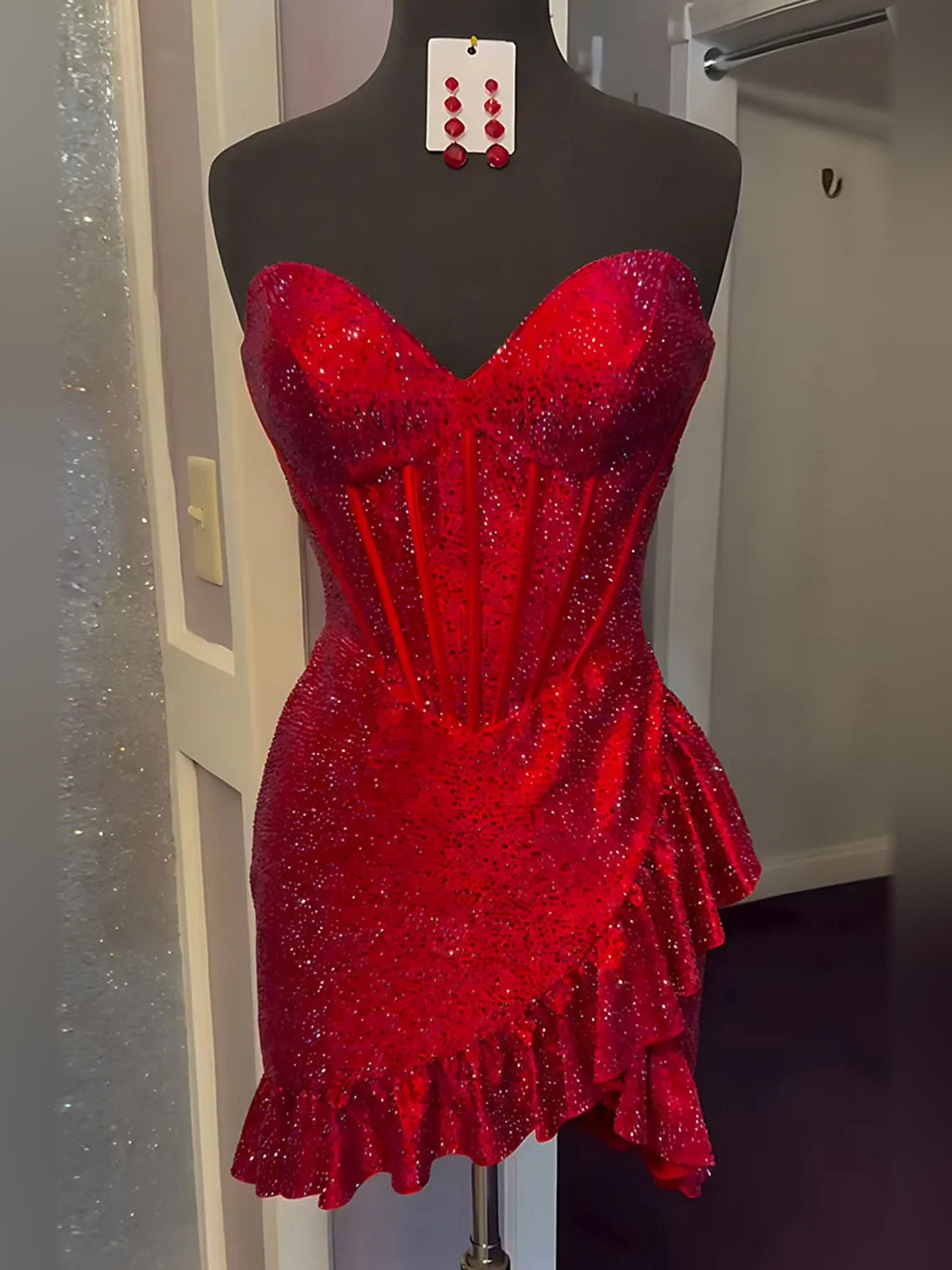 Crimson red glitter sweetheart corset short dress with layered ruffle hem