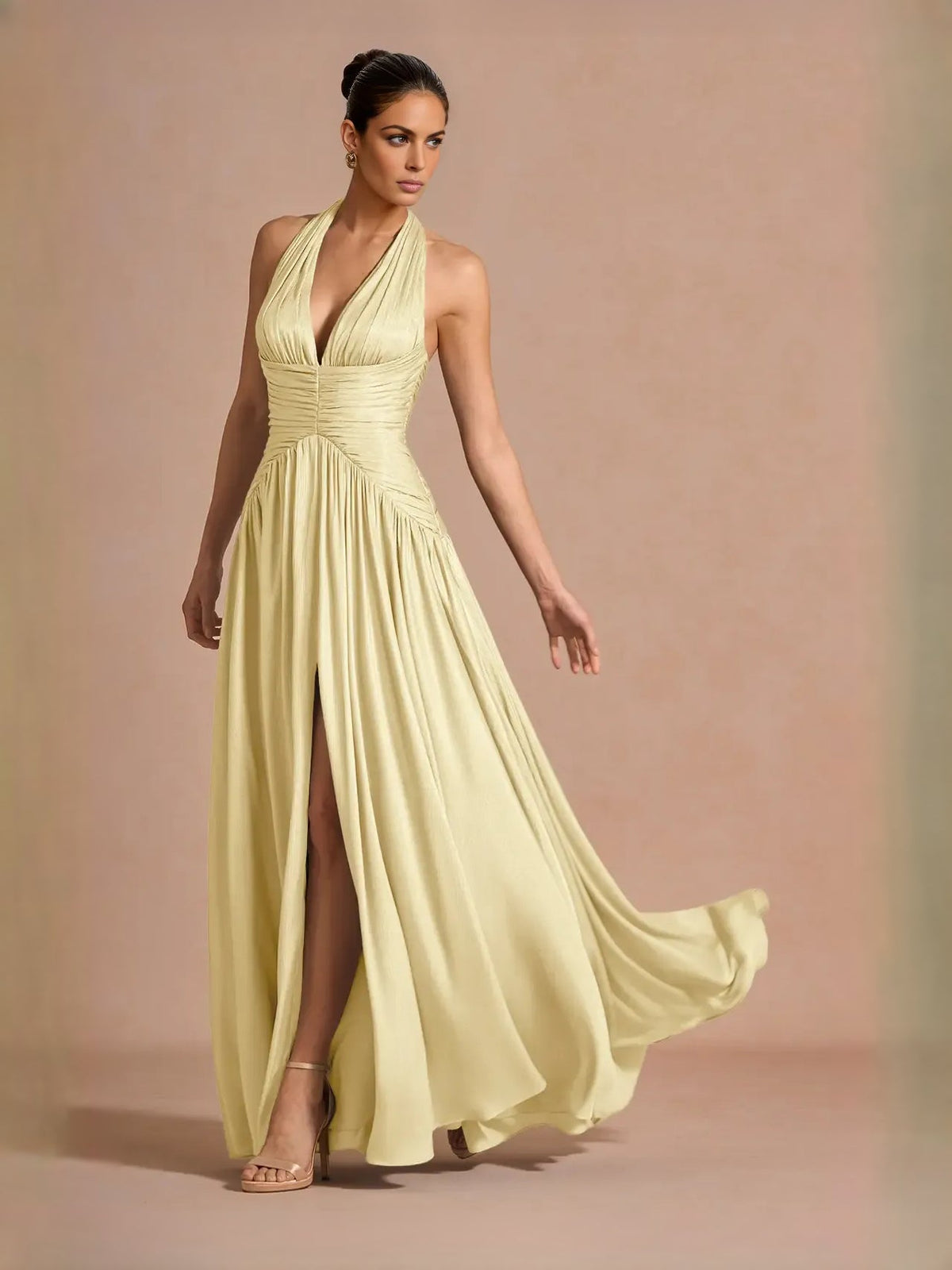 Pale lemon V-neck ruched corset maxi prom dress with thigh slit and chiffon drape
