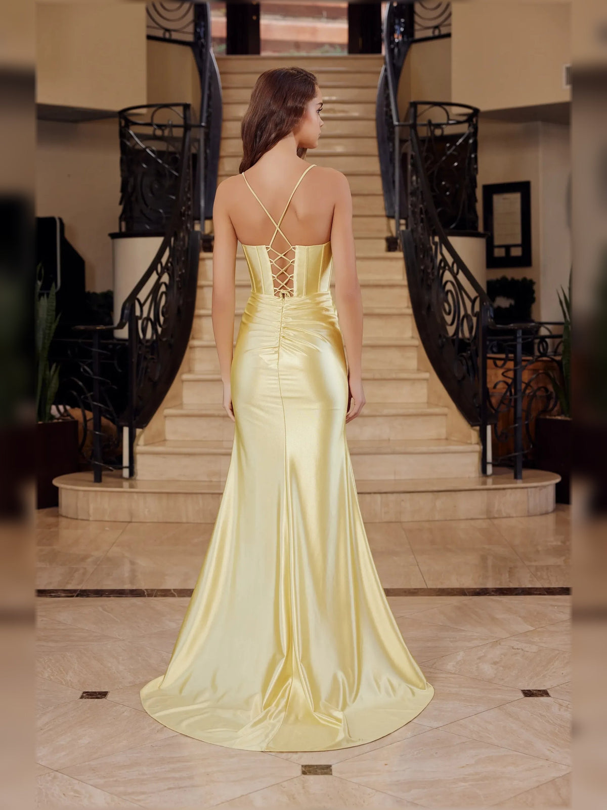 Pale yellow satin corset mermaid formal dress with crisscross back straps and slit