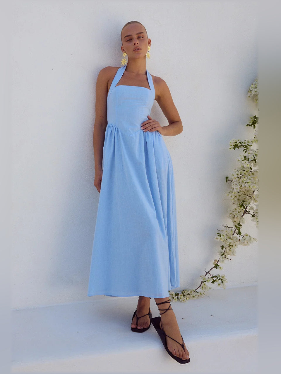 Ice blue midi formal dress full-body view with square neckline and flowing skirt