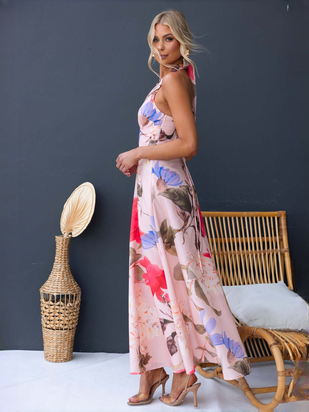 Pink Floral Print a-line maxi formal dress with halter neckline, alternate full-length view showing the skirt