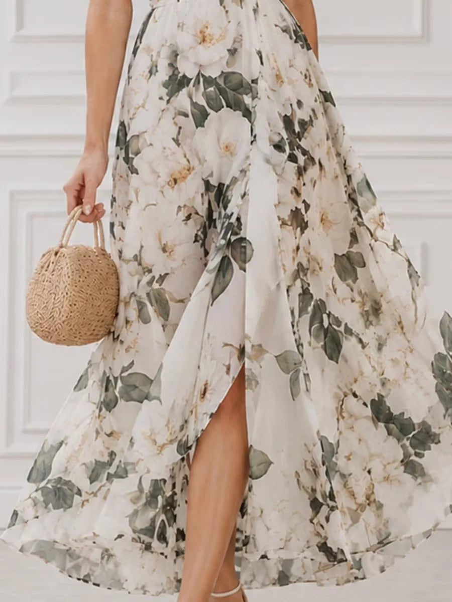 Ivory floral chiffon midi dress with front slit, puff sleeves, and flowing A-line skirt