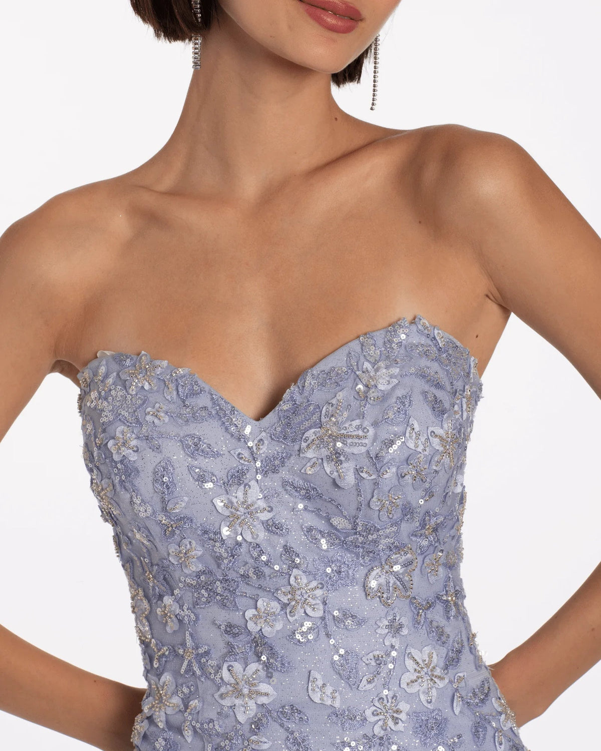 Light purple strapless beaded corset bodice with sweetheart neckline and sheer tulle overlay