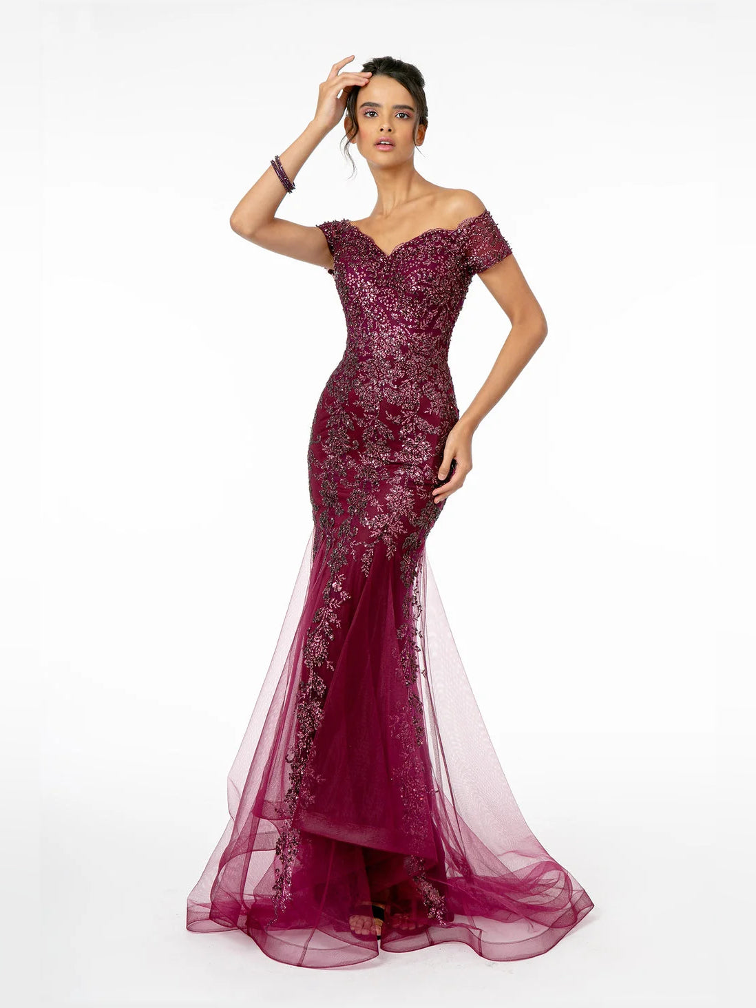 Wine beaded off-shoulder mermaid prom dress with flowing tulle floor-length skirt