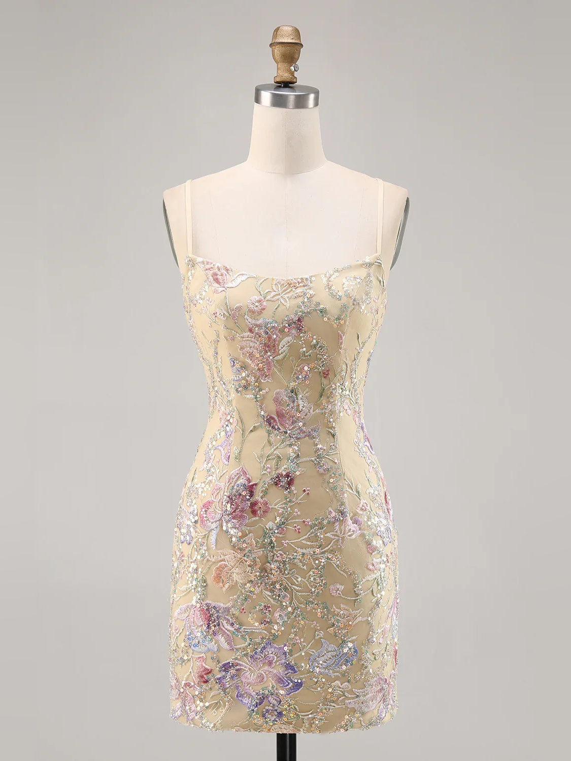 Sequin floral mini dress on mannequin, scoop neckline, spaghetti straps, fitted bodycon
