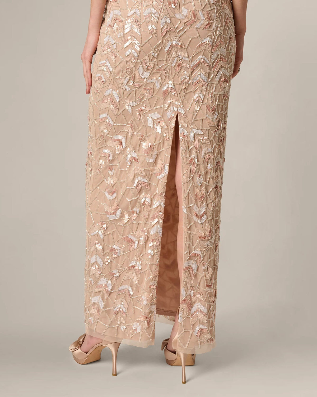 Rose taupe sequin maxi dress with front slit and embellished A-line drape