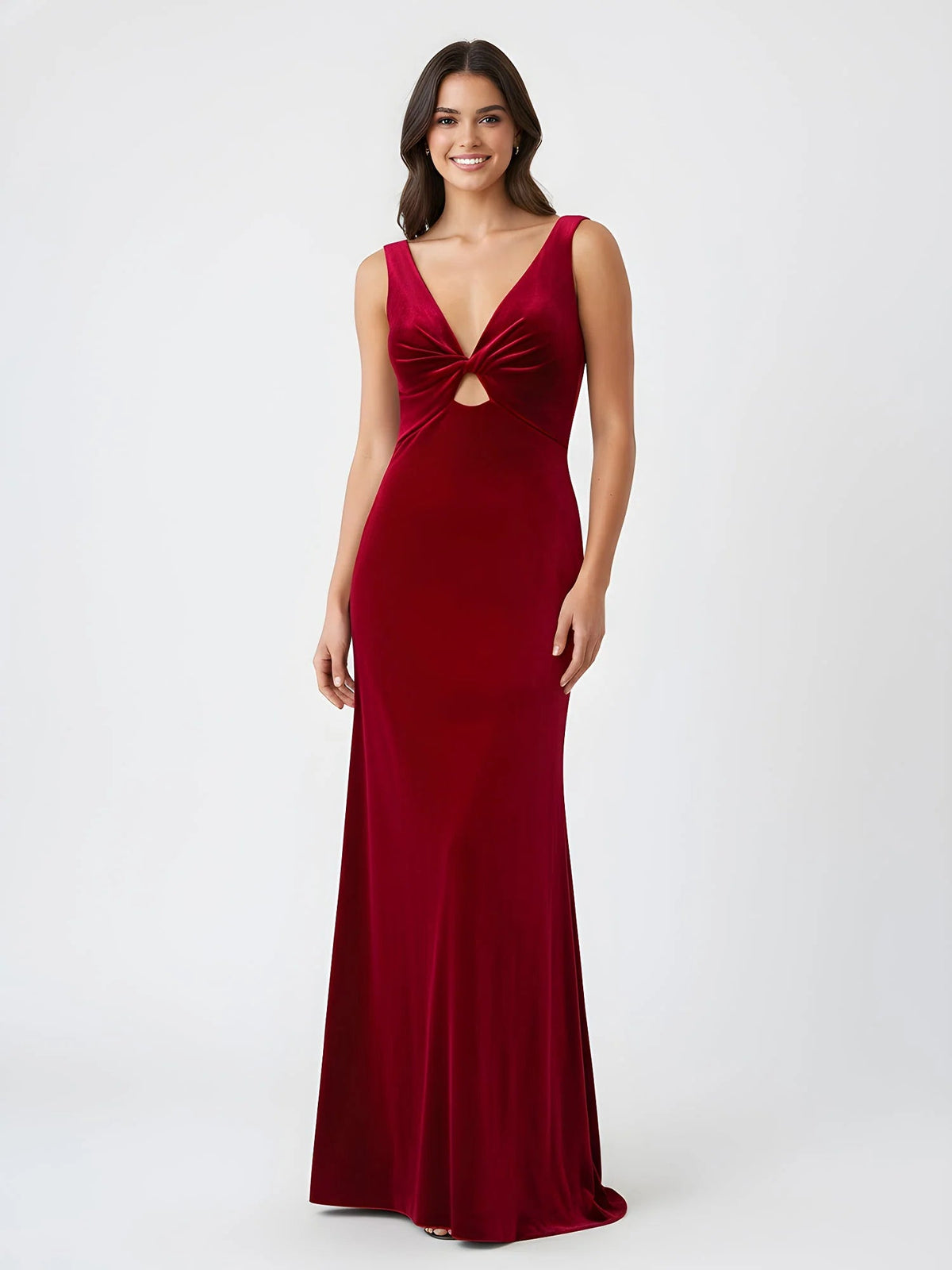 Burgundy V-neck cutout mermaid formal dress, sleeveless with twist bodice