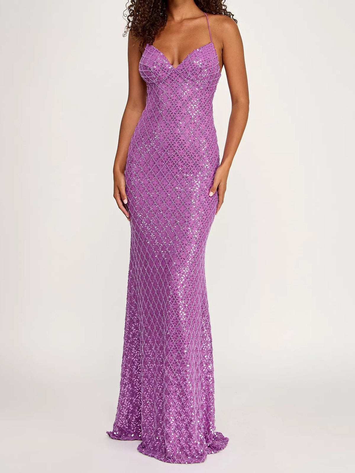 Orchid sequin mermaid formal dress with sweetheart neckline and fitted floor-length skirt
