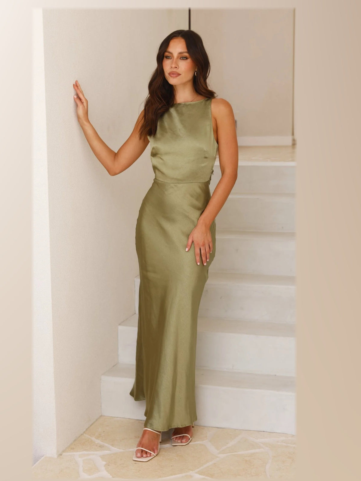 Olive maxi formal dress, alternate full-length view showing the hem
