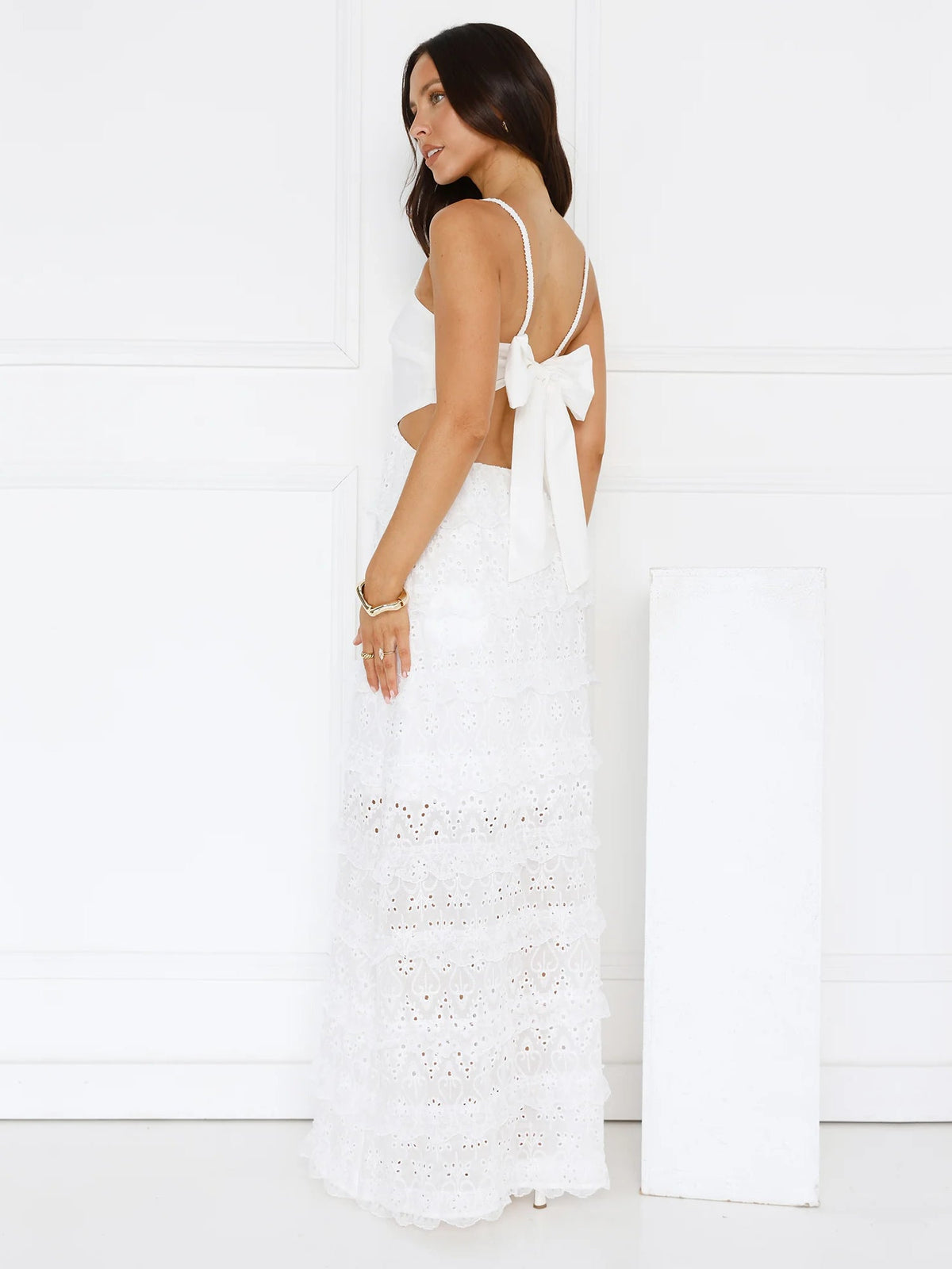 White a-line maxi formal dress with tiered skirt, alternate view showing the skirt