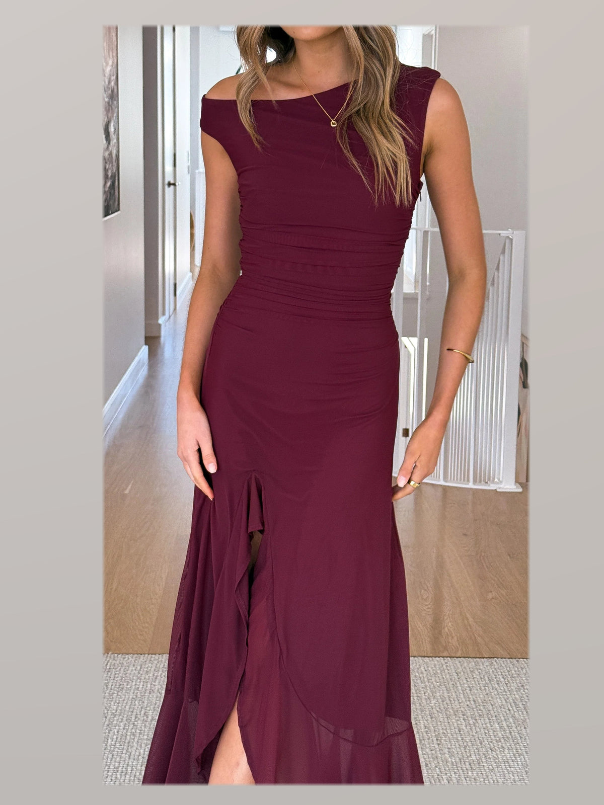 Wine maxi formal dress, alternate full-length view showing the hem