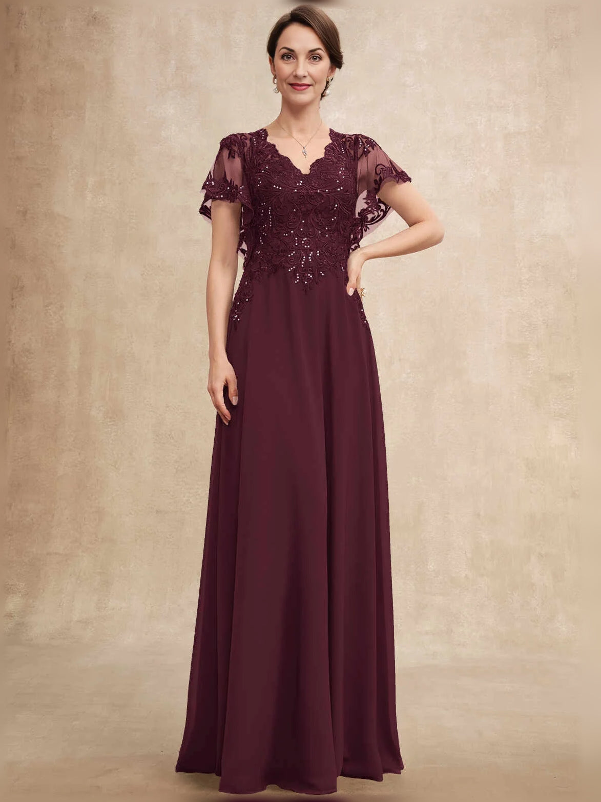Deep red V-neck A-line chiffon dress with beaded lace bodice and sheer cap sleeves