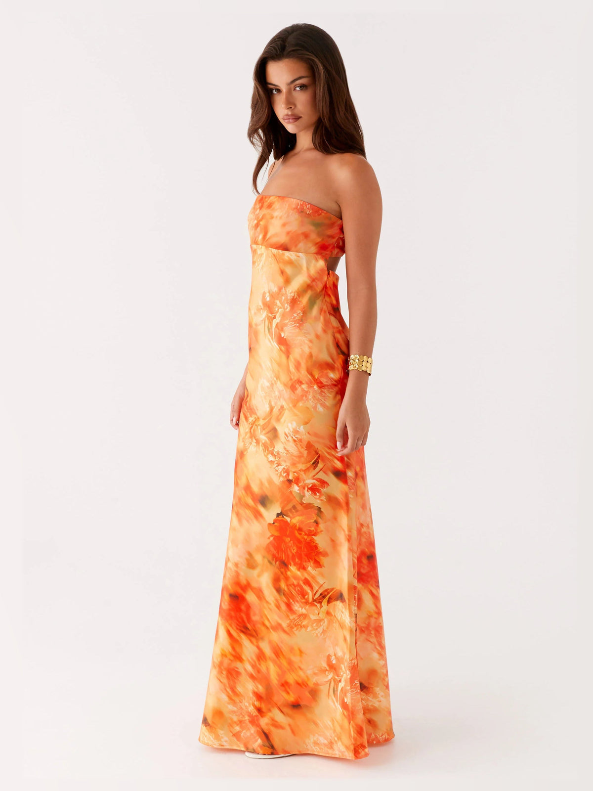 Orange Floral Print maxi formal dress, alternate full-length view showing the hem