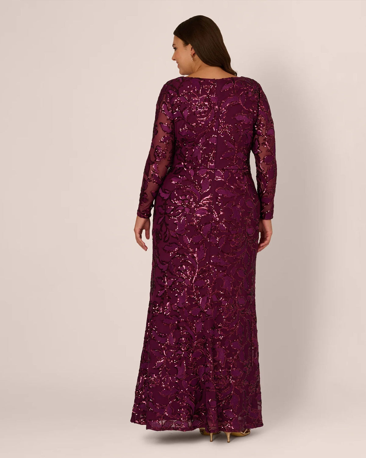 Burgundy embellished long-sleeve maxi dress, back view with fitted mermaid silhouette