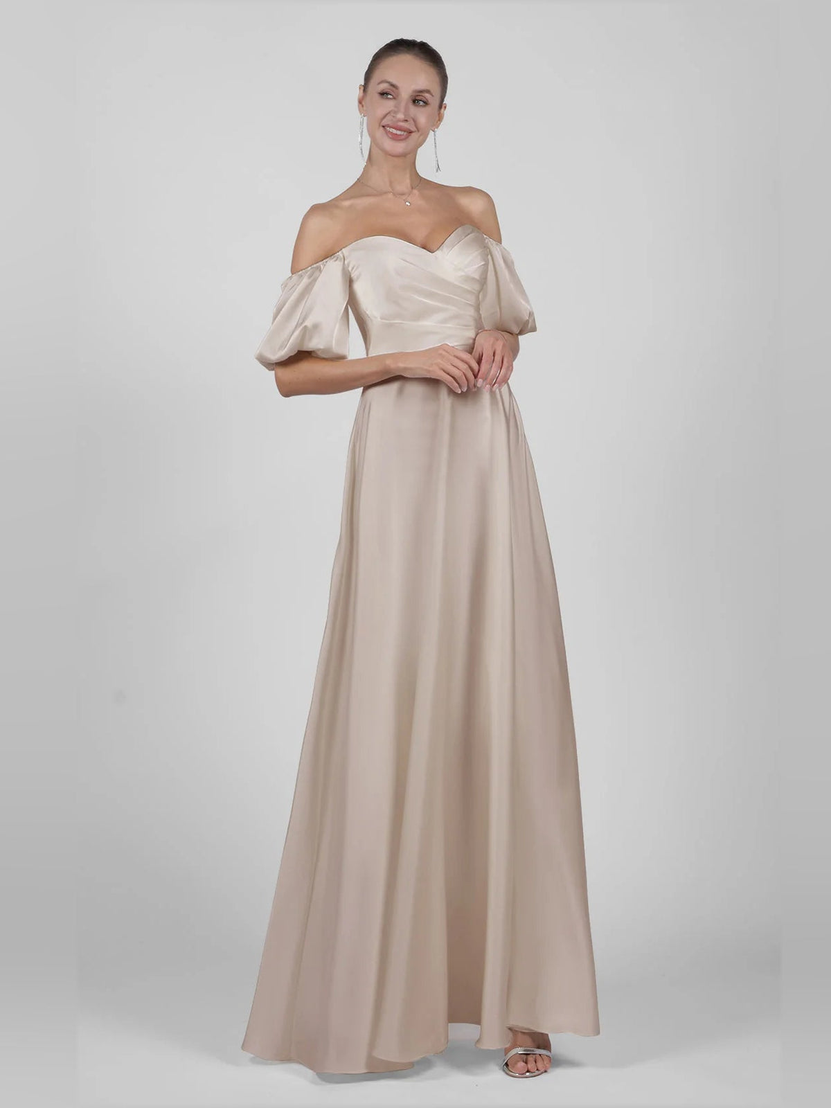 Champagne satin off-shoulder A-line maxi wedding dress with puff sleeves and waist seam