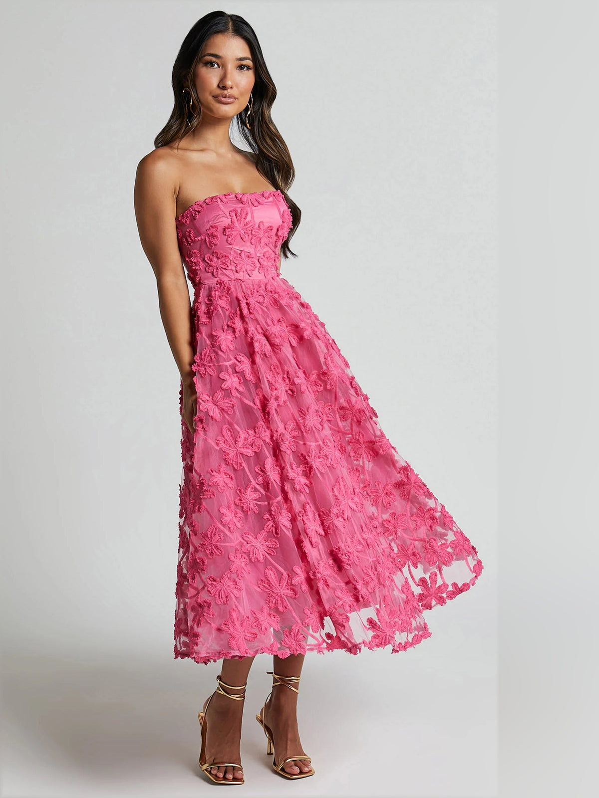 Pink midi formal dress with embroidery, alternate view showing the skirt