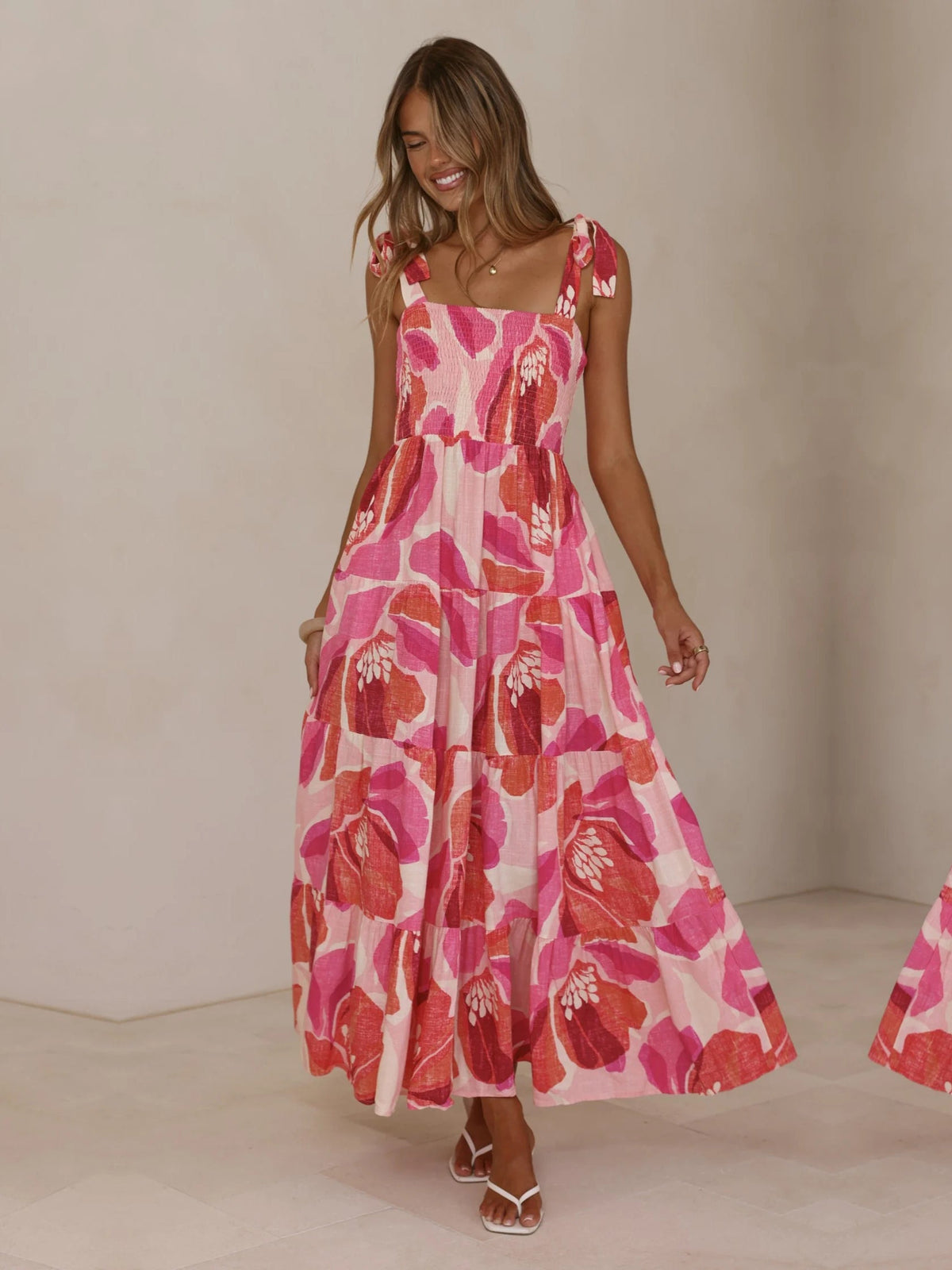 Pink a-line maxi formal dress with printed pattern, alternate view showing the skirt
