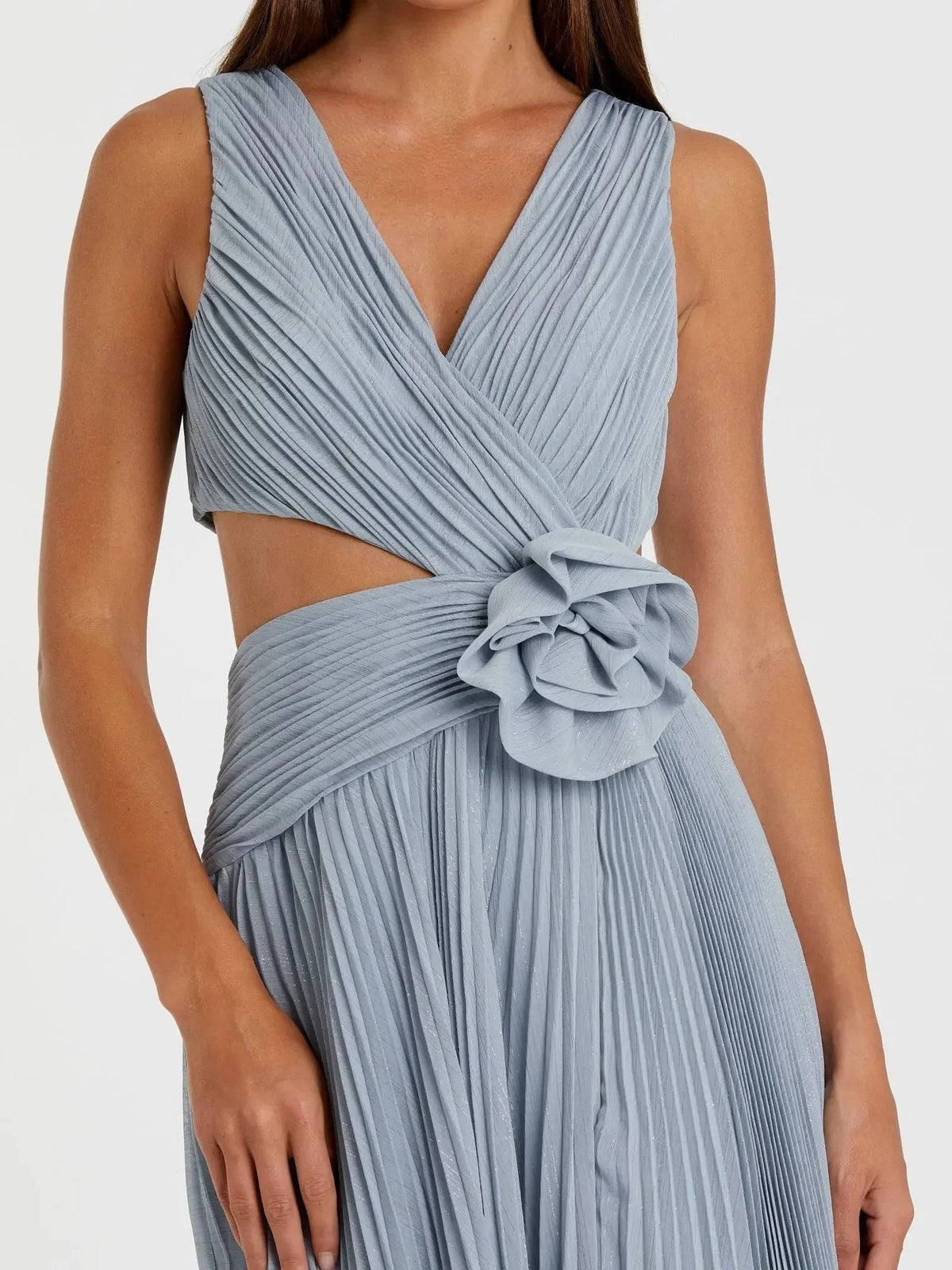 Dusty blue pleated V-neck maxi dress with rosette waist and wrapped bodice detail