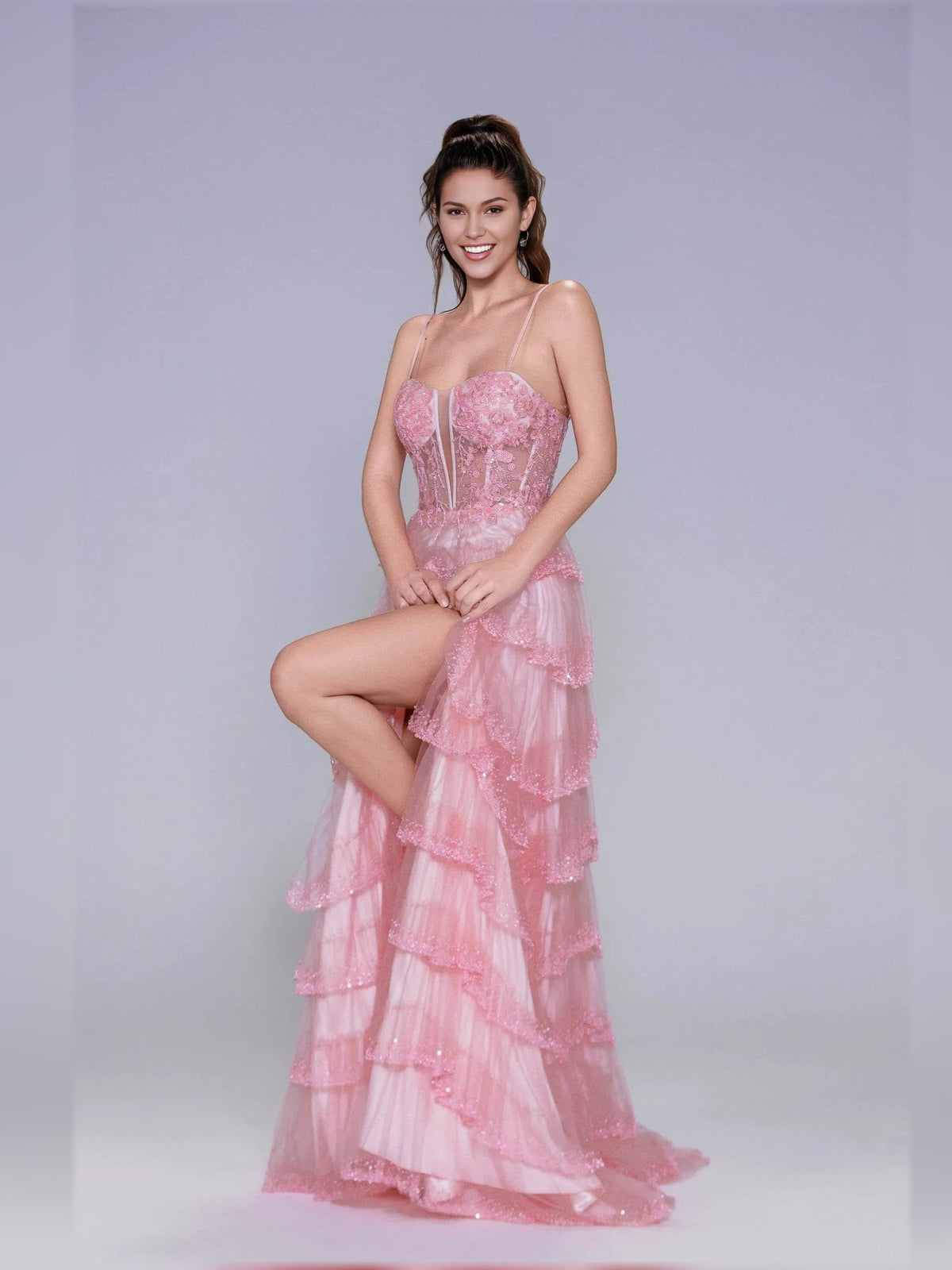 Light pink floral print spaghetti-strap tiered formal dress with layered ruffles