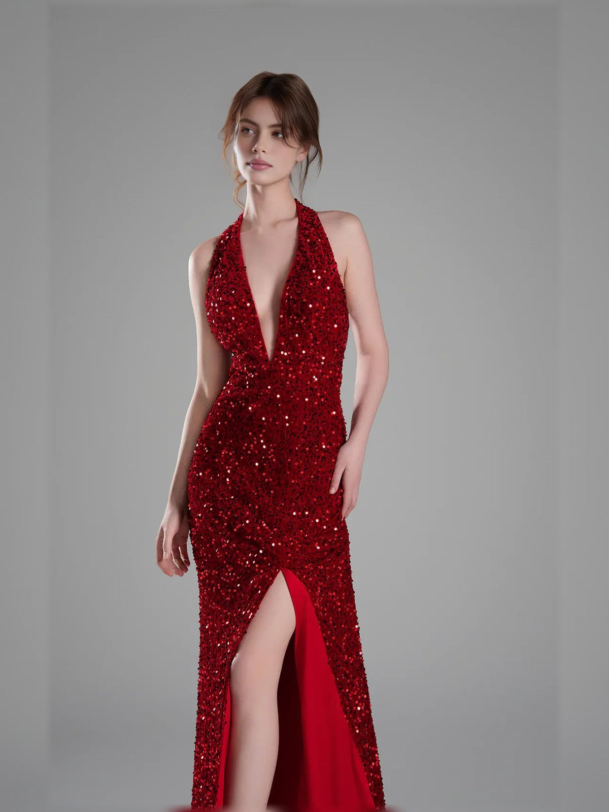 Deep red sequin halter neck mermaid formal dress with deep V and front slit