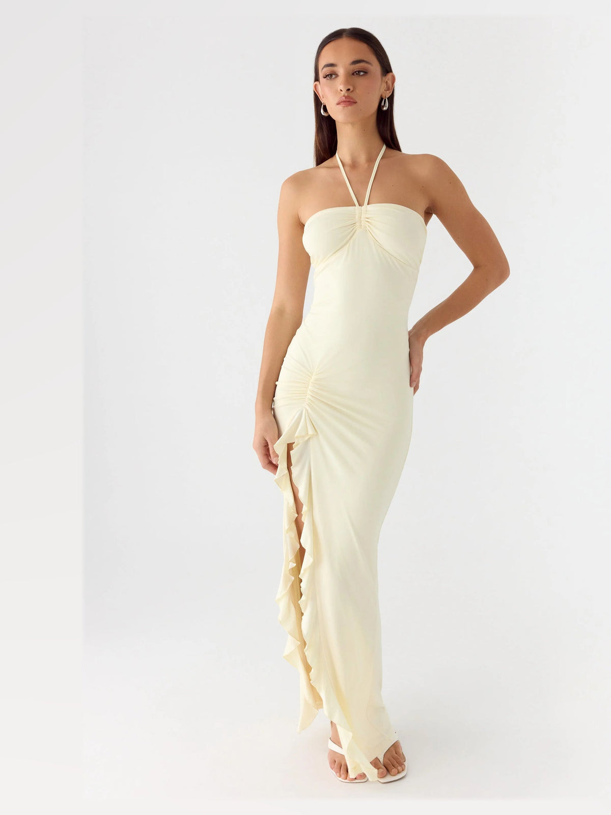 Lemon Yellow maxi formal dress, alternate full-length view showing the hem