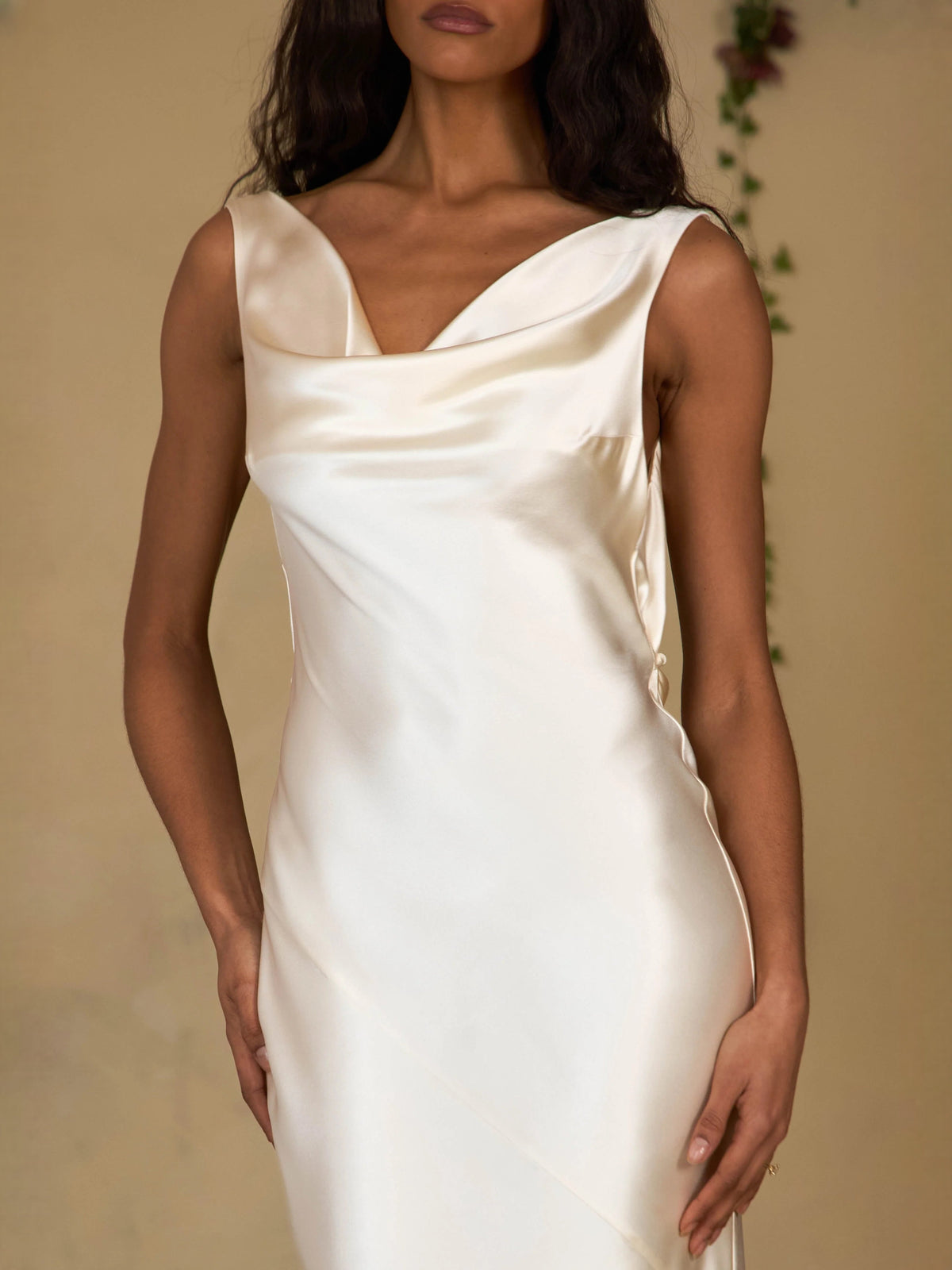 Ivory satin cowl-neck sheath prom dress with draped neckline and fitted silhouette