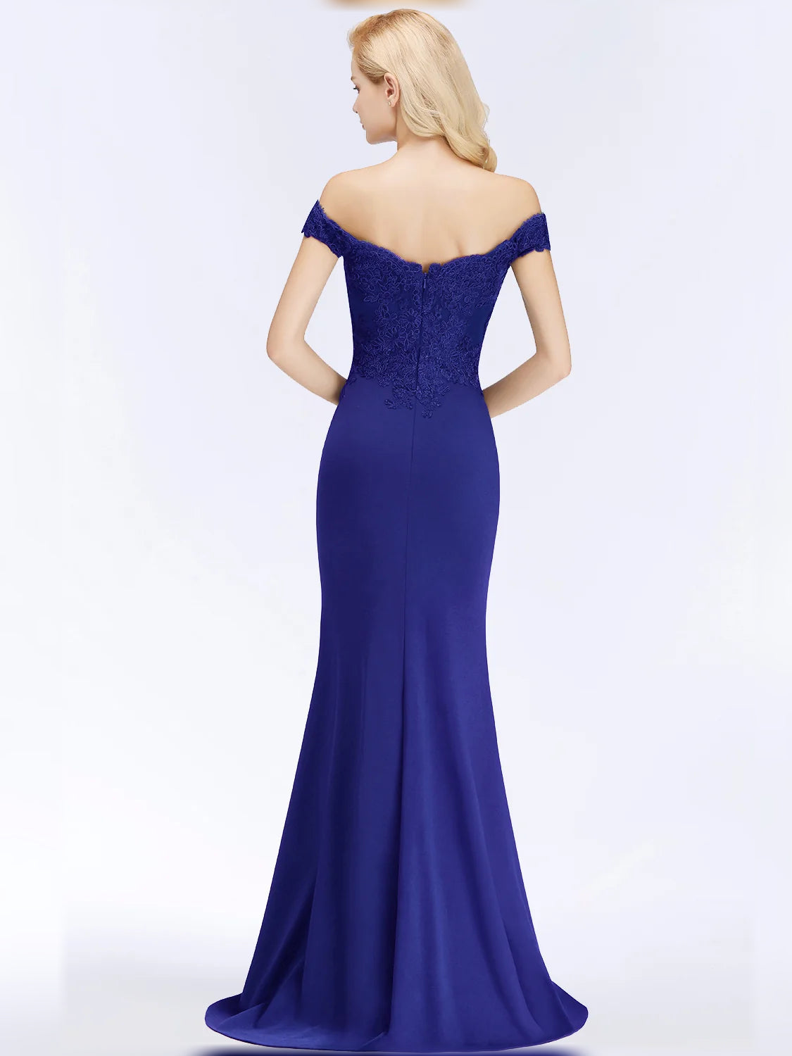 Royal blue off-shoulder mermaid satin dress with lace bodice, floor-length, back view