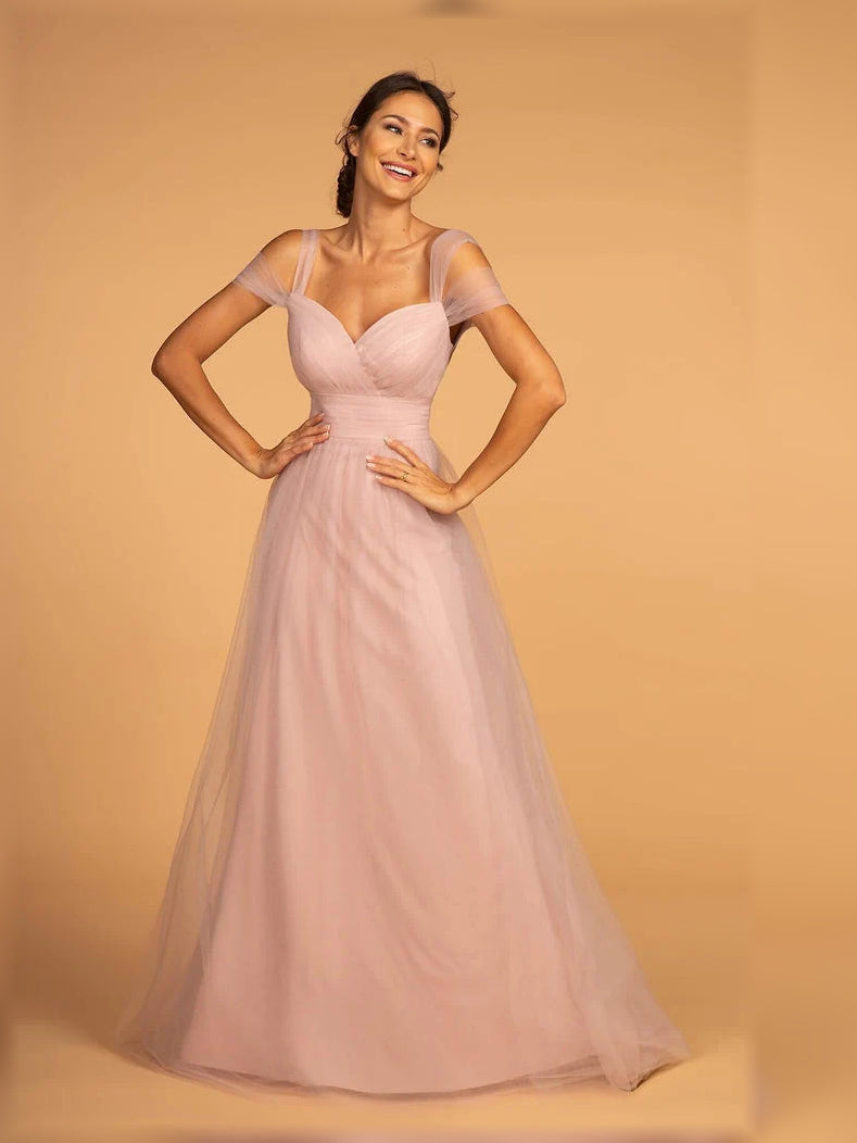 Mauve off-shoulder tulle A-line gown with layered skirt, floor length