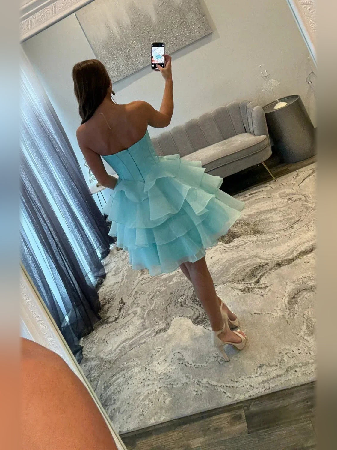 Ice blue back view corset mini dress with tiered ruffle skirt
