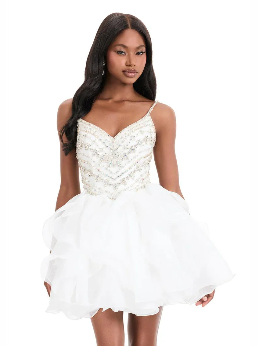 White sequined sweetheart A-line mini dress with layered ruffled organza skirt