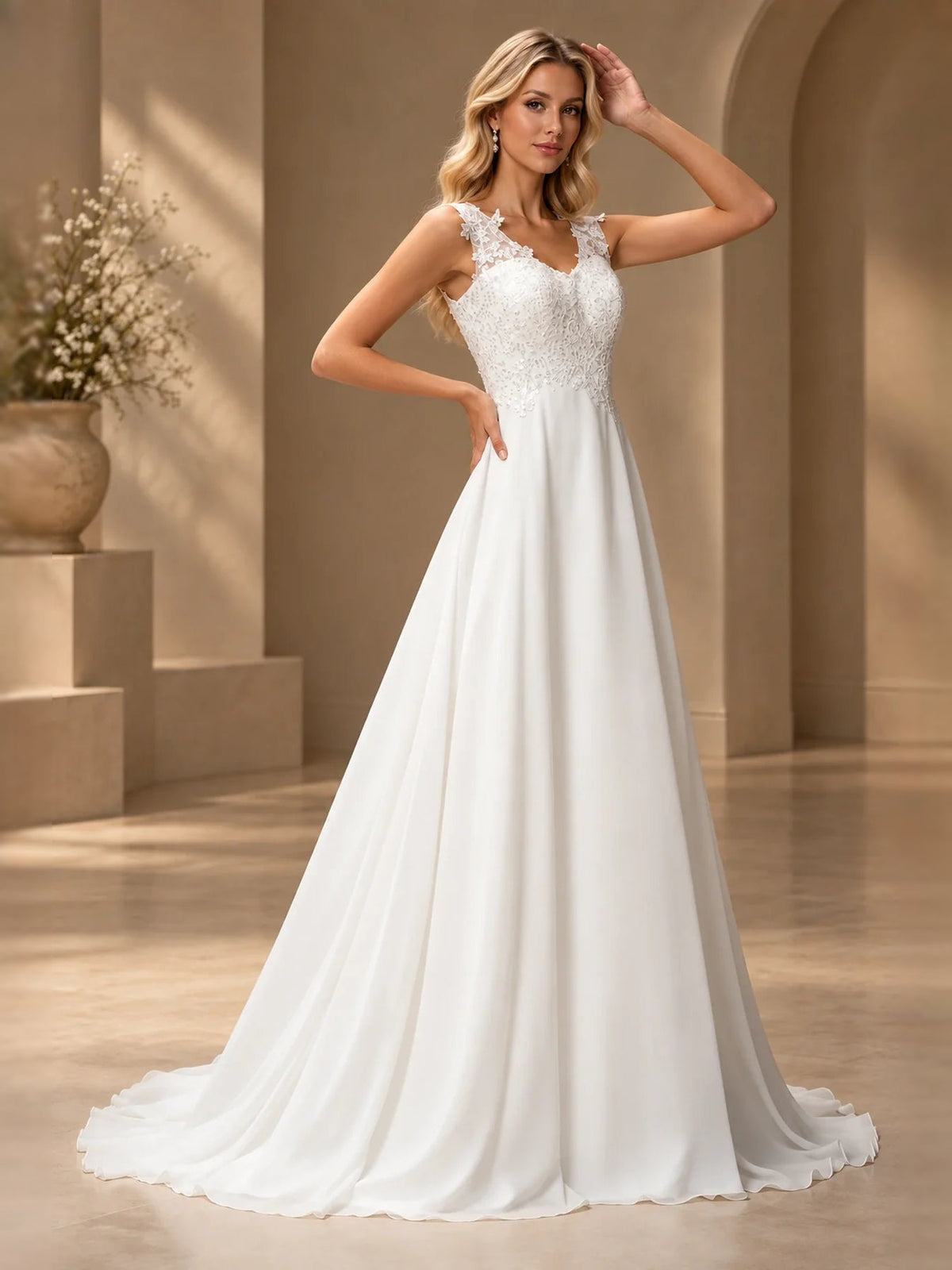 White floral lace V-neck sleeveless A-line wedding dress with floor-length skirt