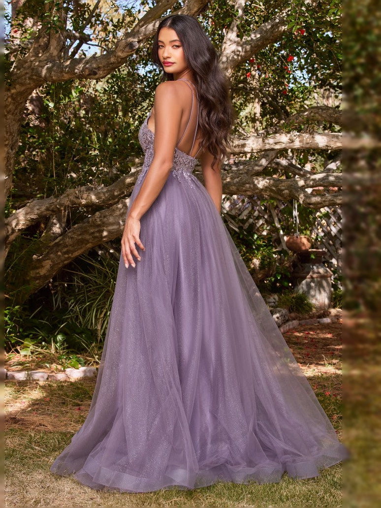 Wisteria V-neck tulle prom dress with open back detail and full A-line skirt