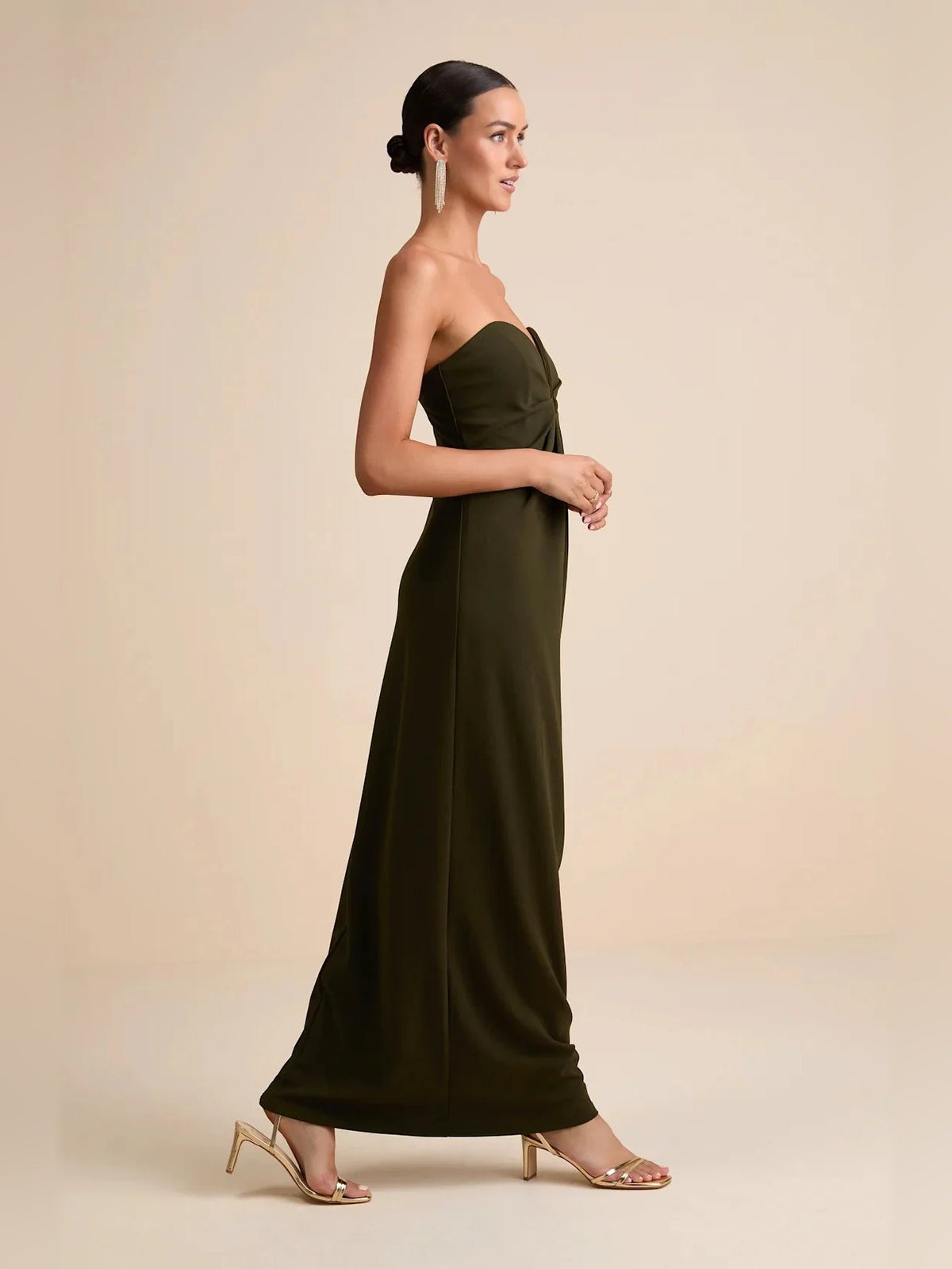 Olive green V-neck column maxi dress with gathered bust and long straight skirt