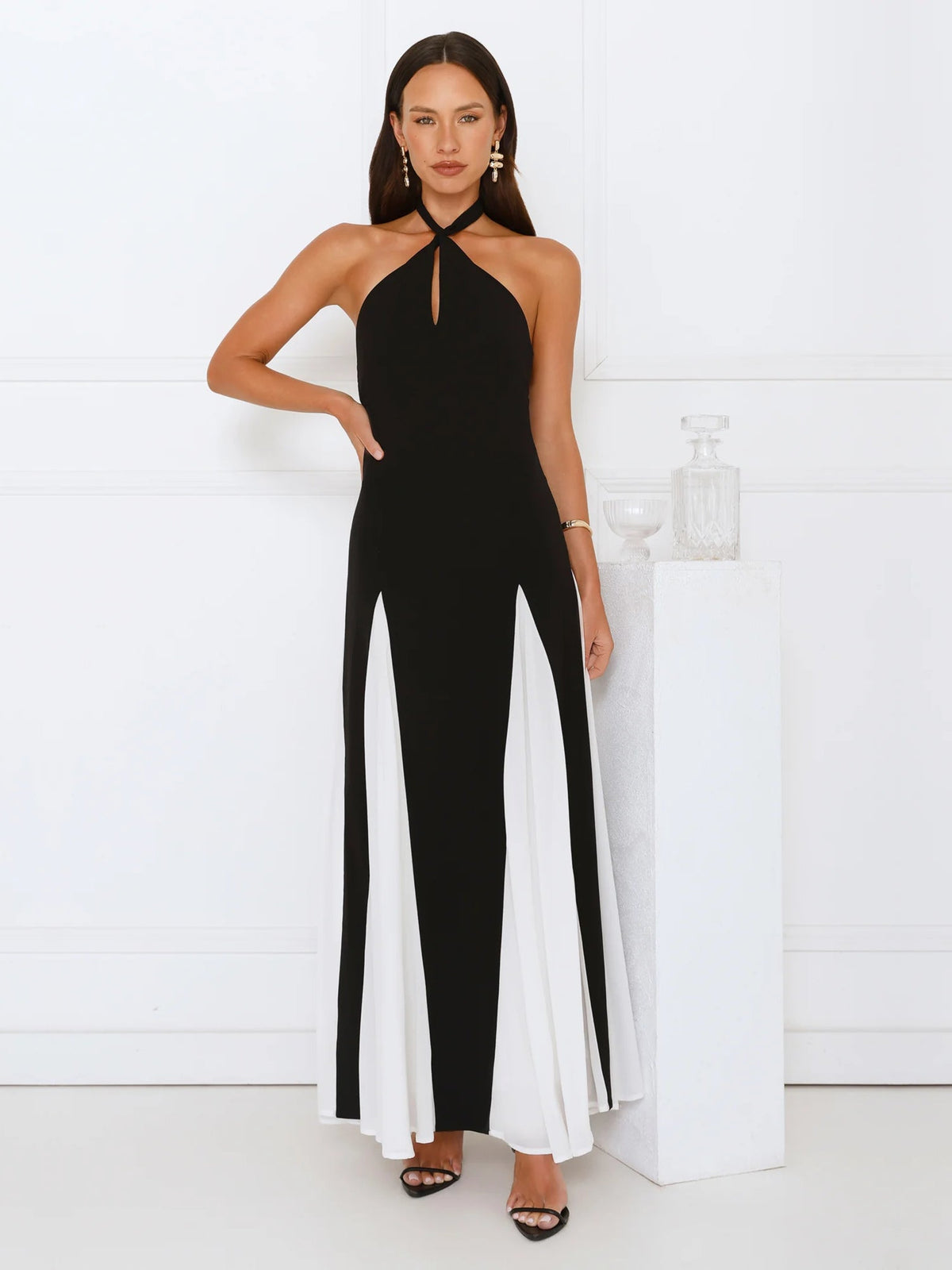 Black sheath maxi formal dress with cutout detail, alternate view showing the skirt
