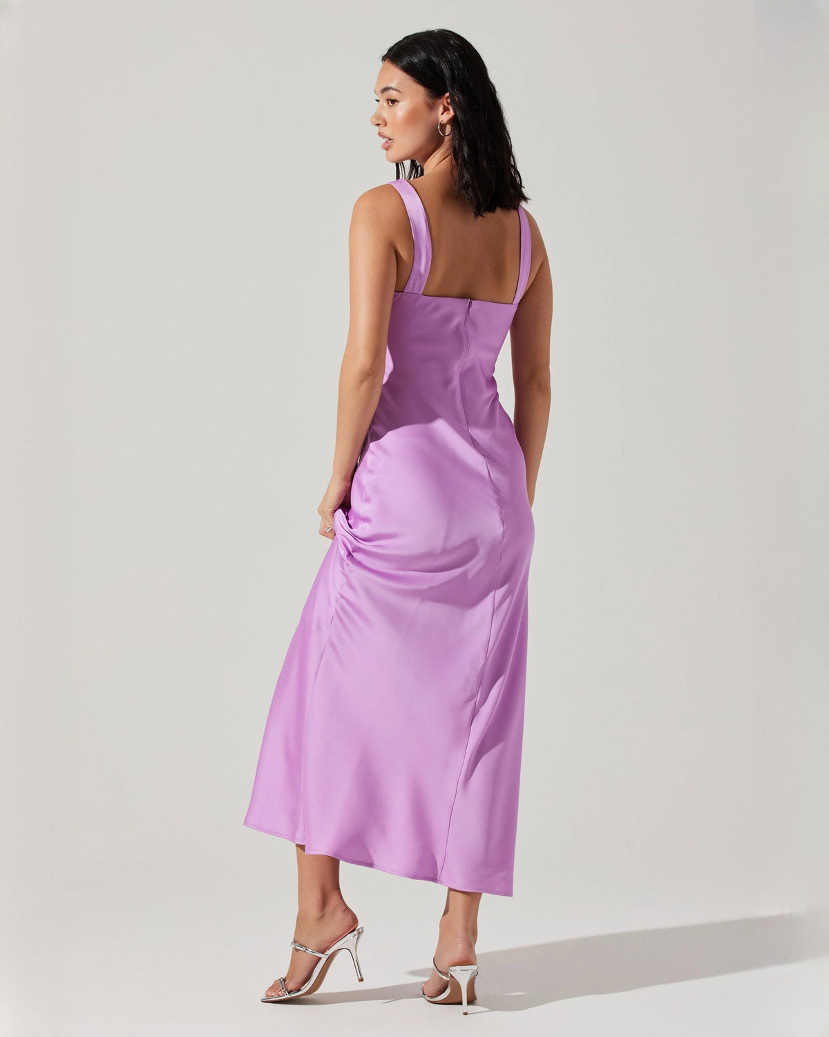 Lilac satin sleeveless A-line maxi dress with back scoop and flowing skirt