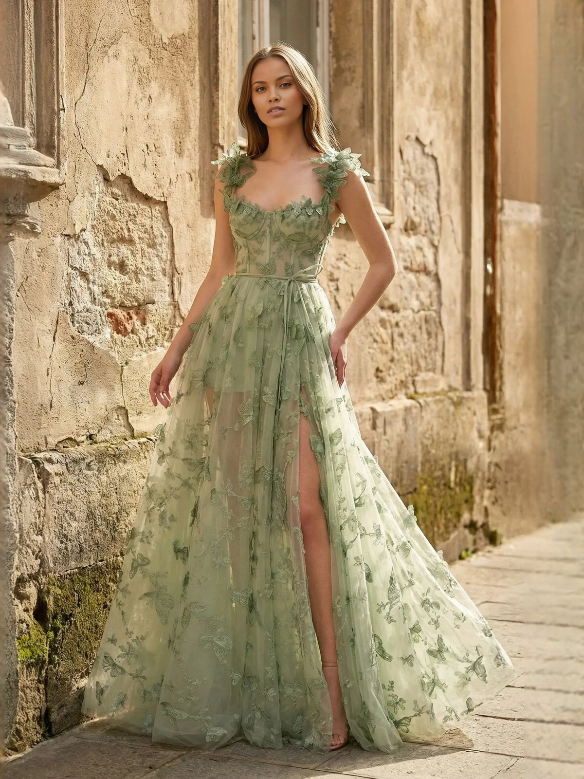 Sage green floral tulle prom dress with sweetheart neckline and thigh slit