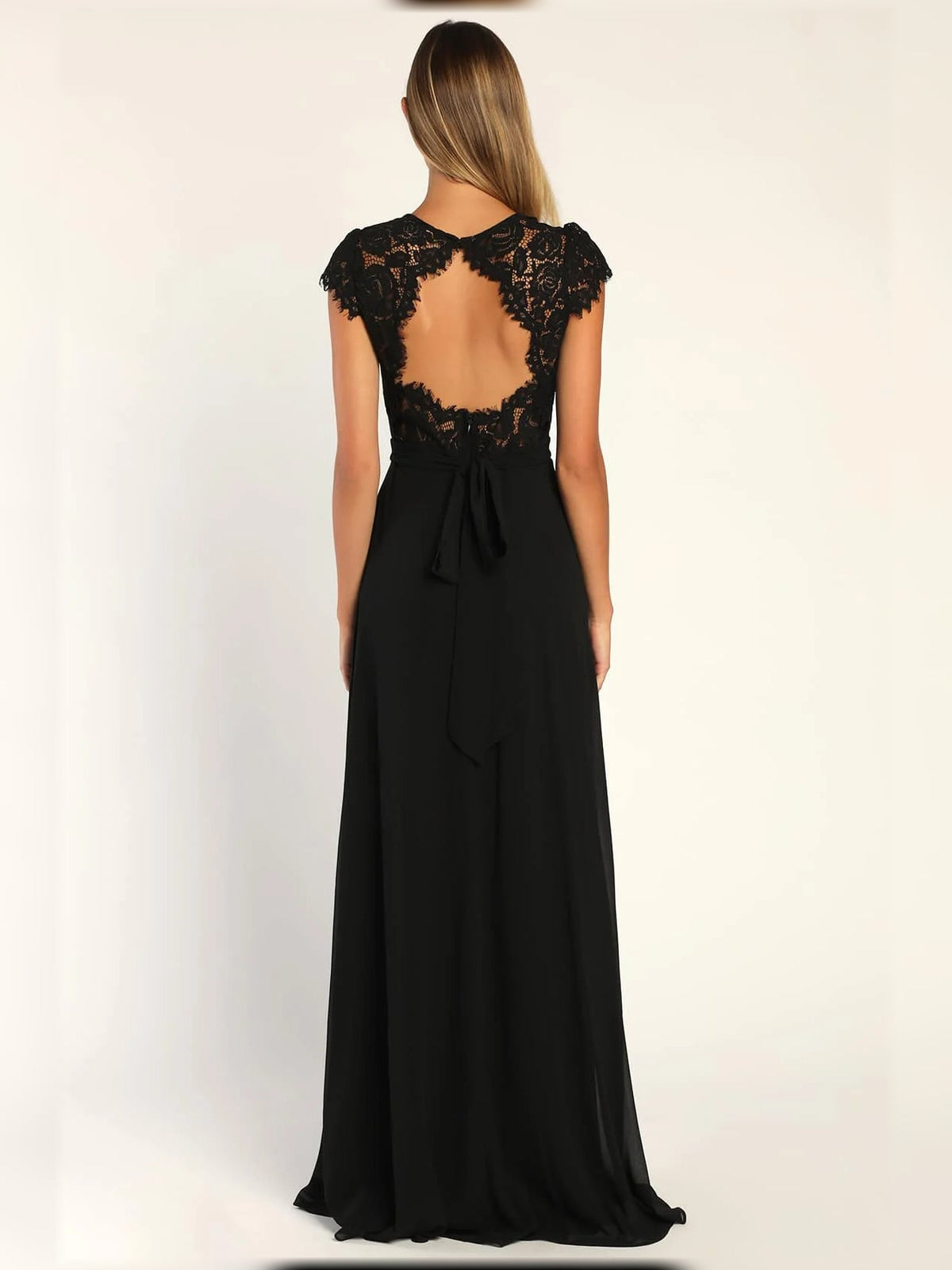 Black maxi dress with lace cap sleeves and open back