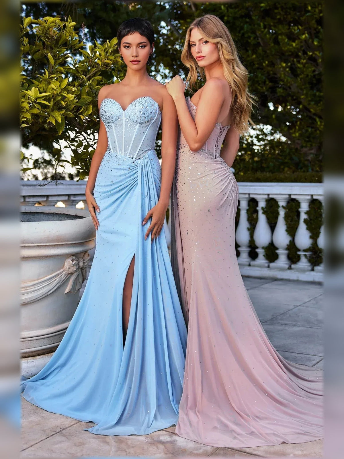 Light blue strapless rhinestone mermaid formal dress with ruched waist and leg slit