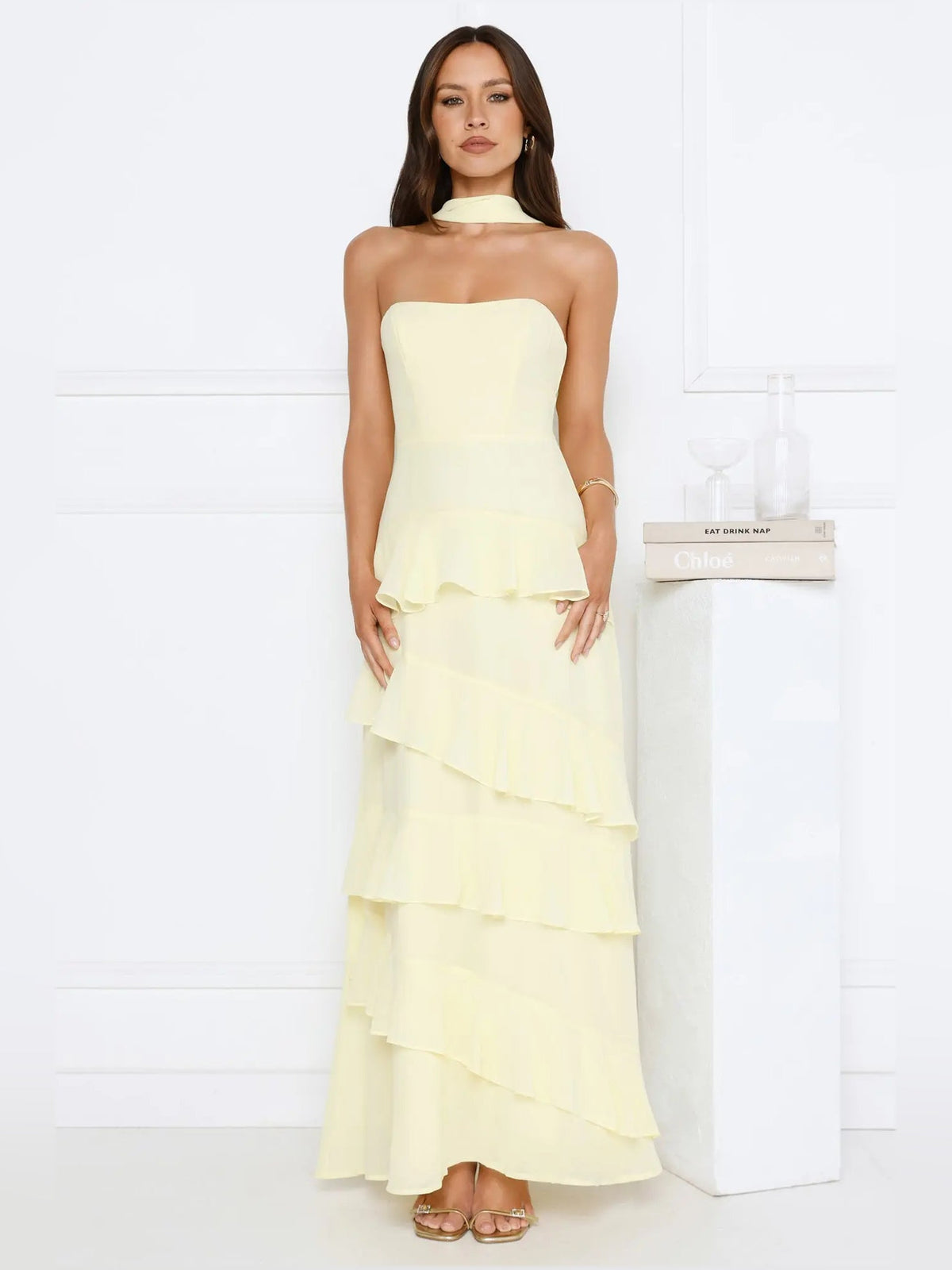 Yellow a-line maxi formal dress with tiered skirt, alternate view showing the skirt