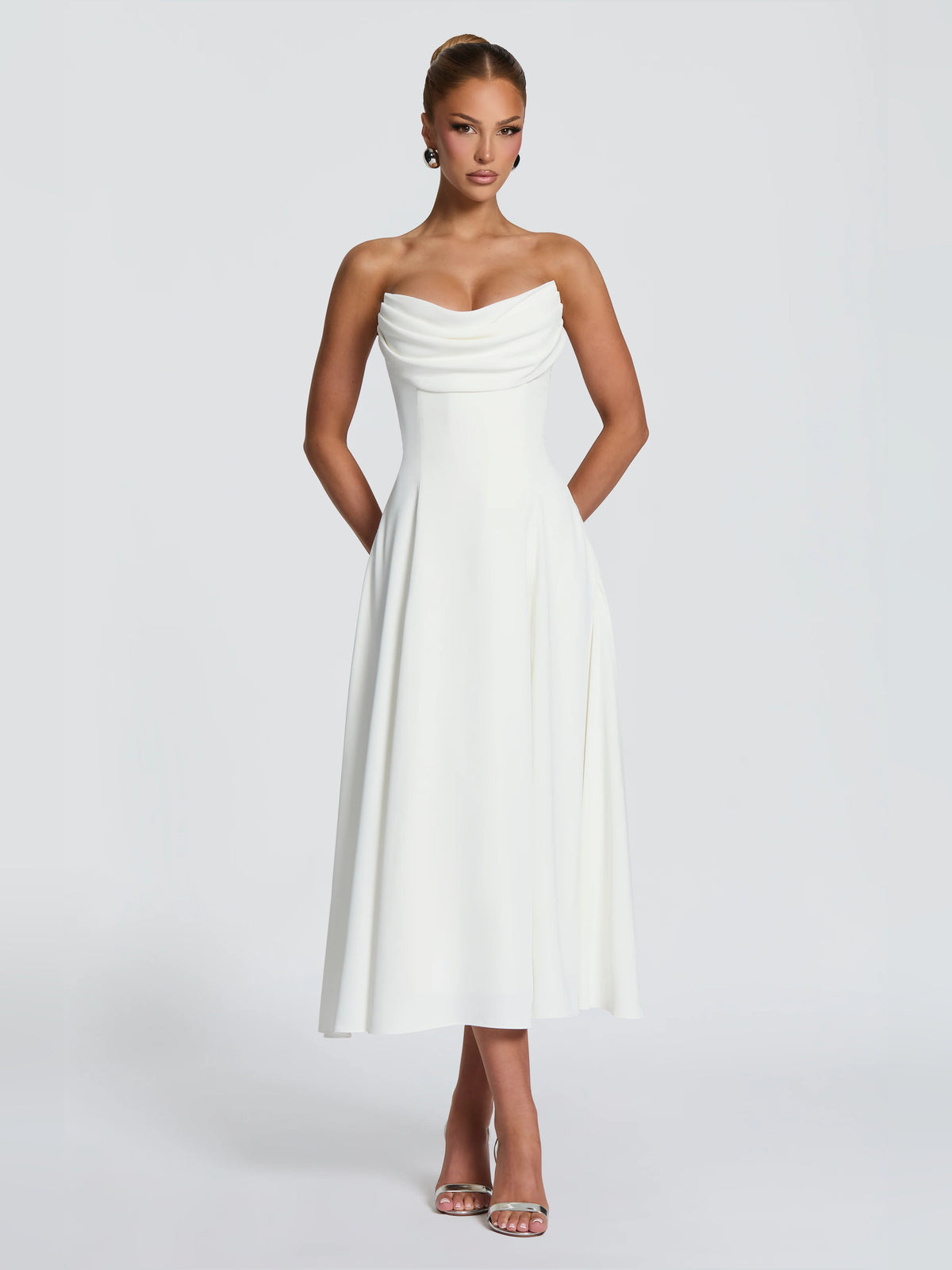 Ivory strapless midi formal dress with full skirt and tailored bodice