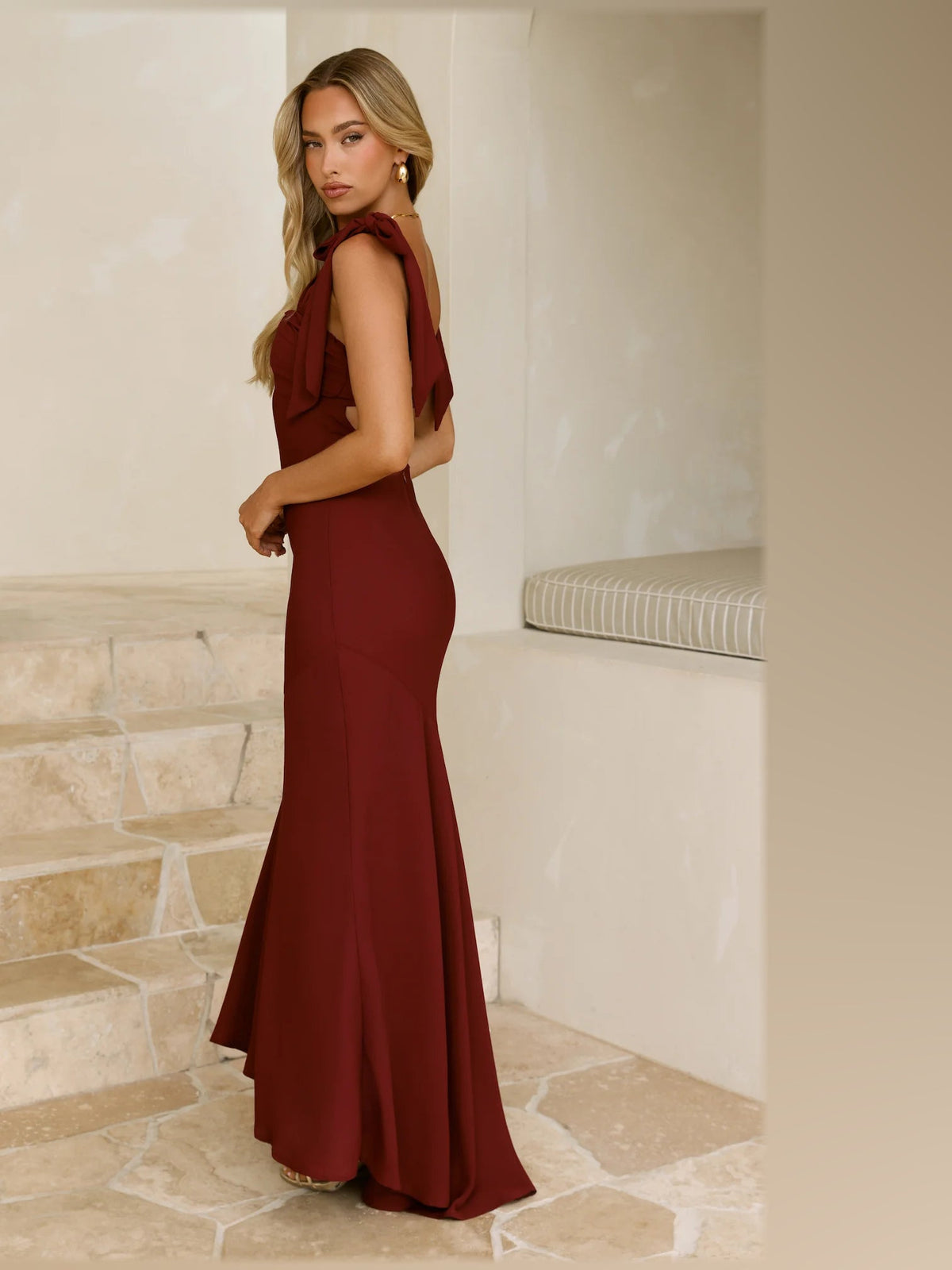 Burgundy maxi formal dress, alternate full-length view showing the hem