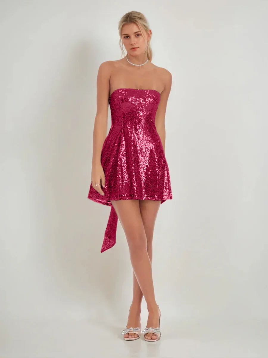 Burgundy sequin strapless mini A-line dress with bow sash at side