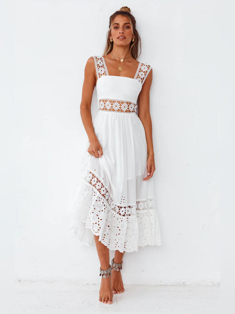 White a-line maxi formal dress with tiered skirt, alternate view showing the skirt
