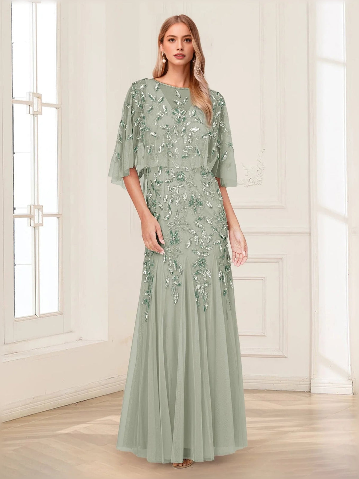 Dusty sage sequin tulle mermaid dress with cape sleeves, floor-length