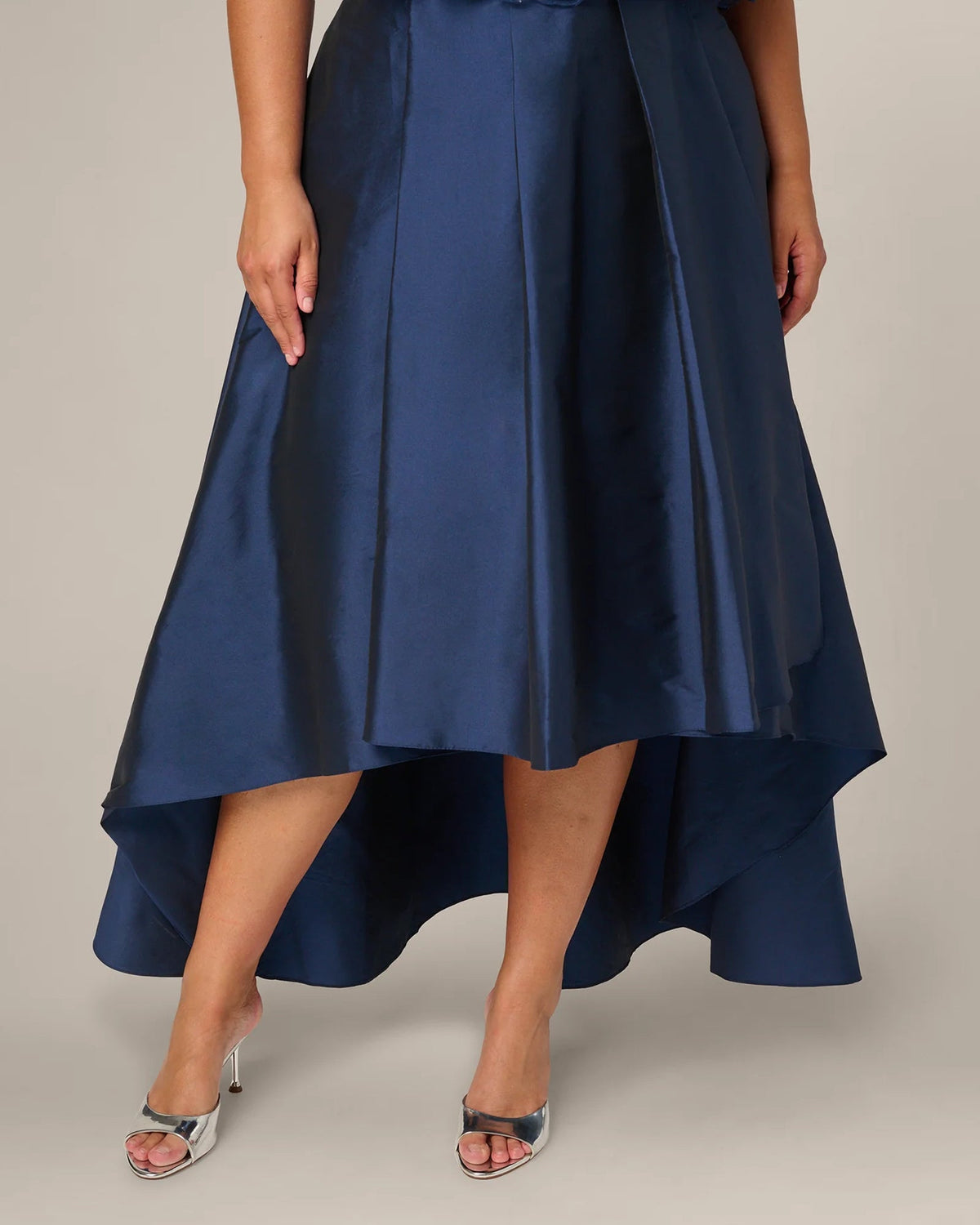 Light navy A-line maxi skirt with layered asymmetrical hem and stitched seam
